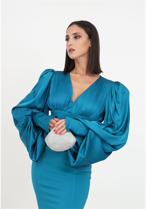 Teal green bustier shirt with balloon sleeves for women VALERIA MAZZA | 318 CAMICIA BUSTIER128